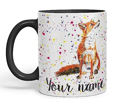 Image of Vixar Personalised with Your Text Fox British Wildlife Animals Watercolour Art Coloured Ceramic Mug Cup Gift 330ml 11oz Custom Work Office Tea Coffee (Black)
