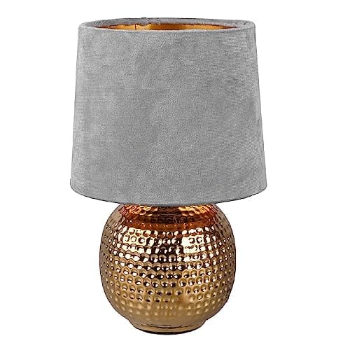 Image of Britalia Gold Ceramic Vintage Hammered Globe Table Desk Lamp with Grey Velvet Shade | 26cm Height | 1 x SES E14 Lamp Bulb Required | UK Approved | Retro Design | Tapered Drum Lampshade