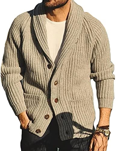 Image of Runcati Mens Cardigan Knitted Chunky Jacket Shawl Collar Cable Knit Loose V Neck Knitwear Outerwear, Khaki, M