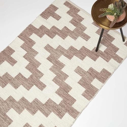 Image of HOMESCAPES Natural & Brown Handwoven Kilim Rug 120 x 170 cm 100% Cotton Living Room Area Rug ‘Malina’ with Traditional Geometric Pattern