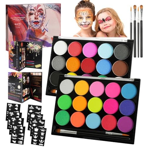 Image of URAQT Face Paint Kit, 15 Color Face & 15 Color Neon Ultraviolet Painting with 2 Brushes 80 Stencils, Washable Safe Body Paint for Adults Kids Halloween Party Carnival, Makeup Paint Non-Toxic to Use
