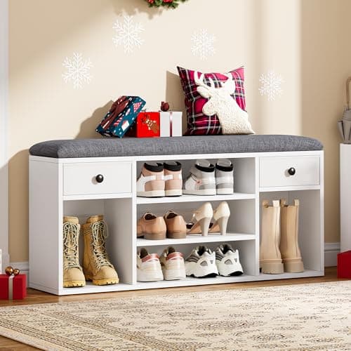 Image of YITAHOME Shoe Bench, Storage Bench with Padded Seat, with Cushion, Shoe Storage Bench with 2 Fabric Drawer and Open Compartments, for Living Room, Hallway, White and Grey