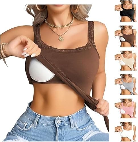 Image of Klijuiaup Lace Vest Top with Built-in-Bra Women Tight Fitted Stretchy Cami Top Support Padded Bras Layering Tank Tops Ribbed Knit Sleeveless Lace Trim Camisole Ladies Pyjama Tops with Shelf Bra