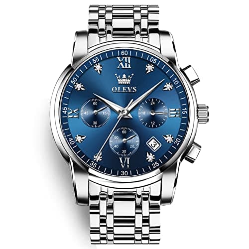 Image of OLEVS Mens Watches Big Face Silver Stainless Steel Chronograph Watch Men Classic Blue Roman Numerals Dial Analog Quartz Men's Watch Luxury Diamond Luminous Waterproof with Date Watches for Men