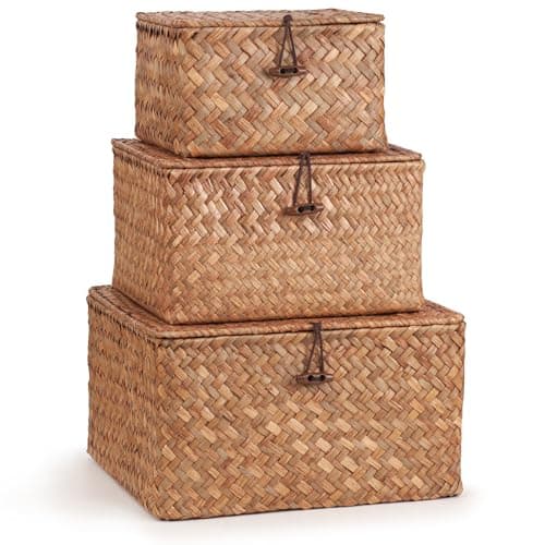 Image of Woodluv Storage Basket Set of 3, Storage Box Nested Hand-Woven Storage Basket, Stackable Wardrobe Organiser, Hamper Baskets, Brown