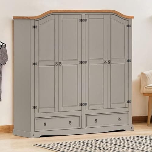 Image of Corona Grey Wax 4 Door 2 Drawer Arch Top Wardrobe Solid Wood Pine Wooden Painted Bedroom Storage Large Robe Mexican Hanging Rail Shelves 190cm High 191cm Wide 51cm Deep