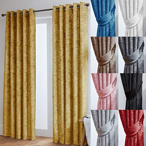 Image of John Aird Crushed Velvet Fully Lined Eyelet Curtains (Ochre, 46" Wide x 54" Drop)