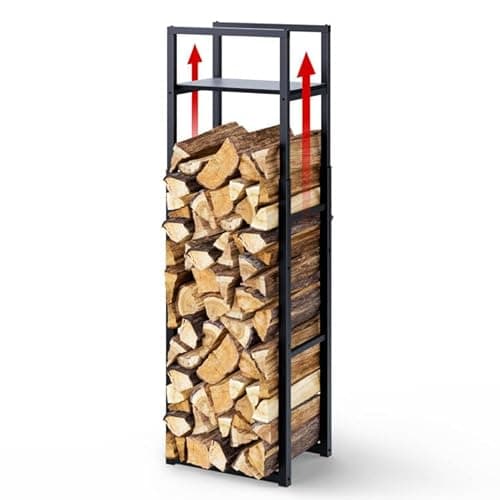 Image of VOUNOT® Log Store Firewood Storage Rack with Adjustable Height 120/145/170 cm, Metal Wood Holder with Integrated Shelf, Heavy Duty Vertical Log Stand for Indoor and Outdoor Firewood Storage, Black