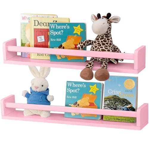 Image of Gieanoo Kids Bookshelf,Wall Mounted Pink Nursery Book Shelf Set of 2 40cm Floating Shelves for Wall Book Shelf Organizer for Kids Room, Bedroom, Living Room