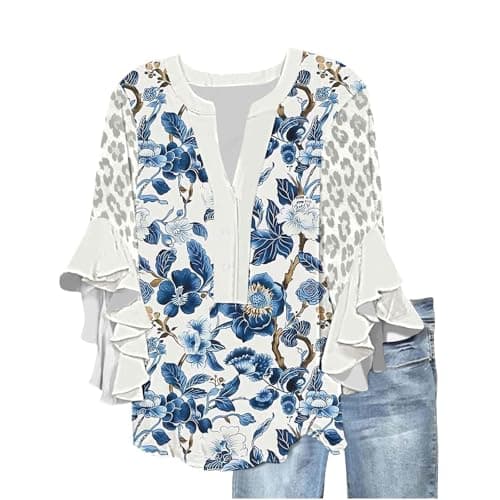 Image of Y2K Top Activewear Ladies Blouses Floral Printing Leopard Print Patchwork Ruffle 3/4 Sleeve Tees Tunic Plus Size Clothing V Neck Button Up Pullover T Shirts for Women