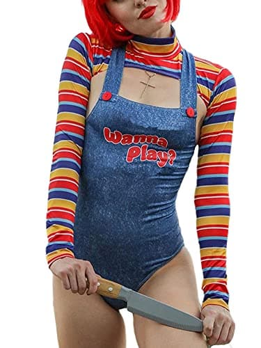 Image of Women 2 Pcs Sexy Halloween Costumes Outfits Wanna Play Movie Character Dress Chucky Doll Scary Nightmare Killer Doll Costume (A-Blue, M)