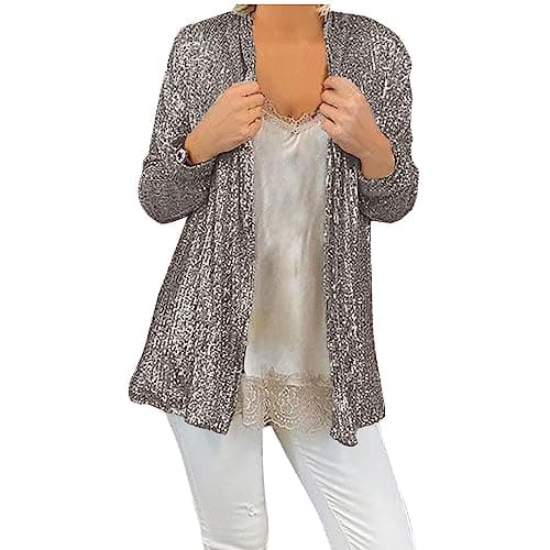 Image of TURWXGSO Women's Sequin Jacket Solid Color Long Sleeve Cardigan Tops Outerwear Casual Loose Fit Trendy Elegant Party Coat Ladies Versatile Streetwear Lounge Coats