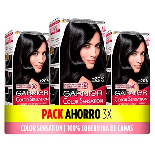Image of Garnier Color Sensation Pack of 3 Dye Boxes: Long-Lasting and Vivid Colour, Full Grey Coverage, Easy Bowl and Brush Application, Silky Soft Hair, 1.0 Ultra Black