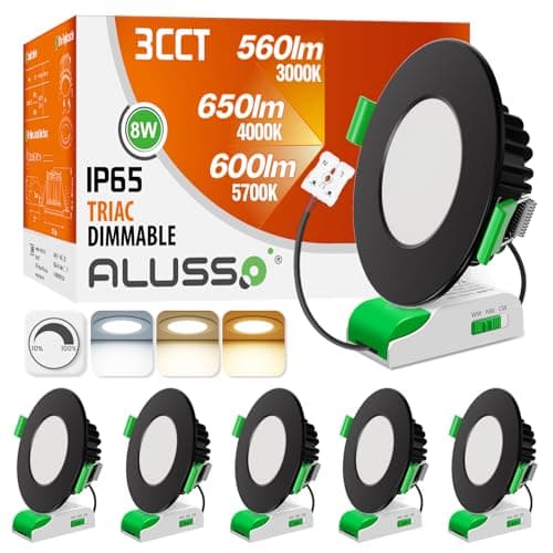 Image of ALUSSO IP65 LED Downlights Ceiling Dimmable 8W Recessed Ceiling Lights Warm White 3000K Neutral White 4000K Cool White 5700K Adjustable Bathroom Kitchen Spotlights, Black, 6 Pack