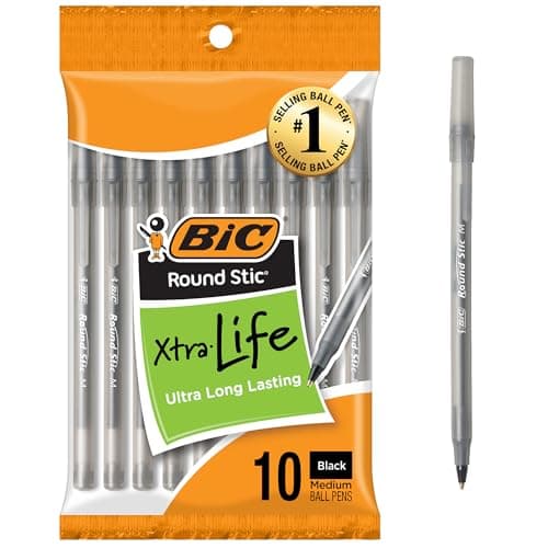 Image of BIC Round Stic Xtra Life Ballpoint Pen, Medium Point (1.0mm), Black, 10-Count