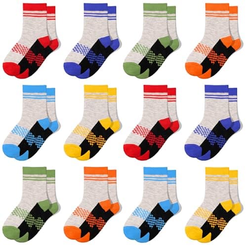 Image of TRAMLE Boys Crew Socks Kids Sports Colorful Mid Cut Plaid Breathable Socks 12 Pairs for Toddler 7-10 Years Children