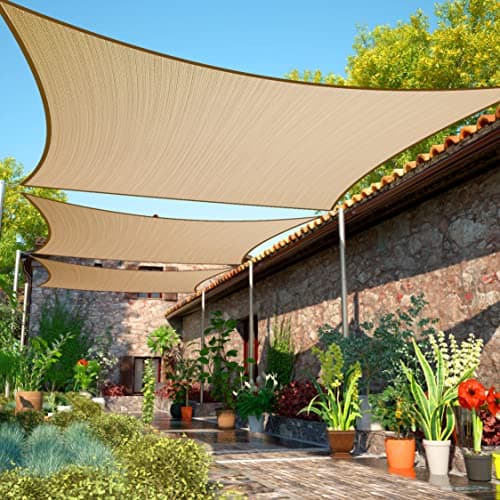 Image of ShadeMart 8' x 16' Sand Sun Shade Sail UPF50 Rectangle Canopy Fabric Cloth Screen smTAPR1216, Water and Air Permeable & UV Resistant, Heavy Duty, Carport Patio Outdoor - (We Customize Size)
