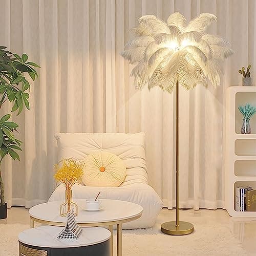 Image of JAMCHE White Feather Floor Lamp Ostrich Feather Lamp 3 Color Temperatures 1.6m Standing Lamp Tall with Foot Switch Golden Lamp Body Tall Lamps for Living Room Bedroom 6 LED Bulb (White)