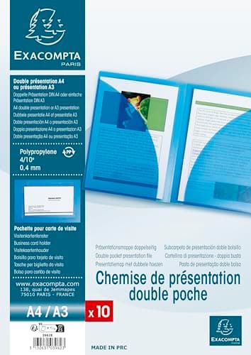 Image of Exacompta - Ref 3962E - Double Pocket Presentation Folder - 230 x 320mm in Size, Suitable for A4 or Folded A3 Documents, Business Card Holder - Blue Cover (Pack of 20)