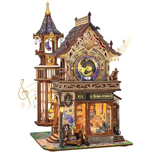Image of STRUCWOOD 3D Wooden Puzzle Magic Clock Tower Model Kit, DIY Miniature House Kit with LED and Music, Bookshelf Decor Craft Gifts for Family Friends - Time Magic Club(SQ-71)