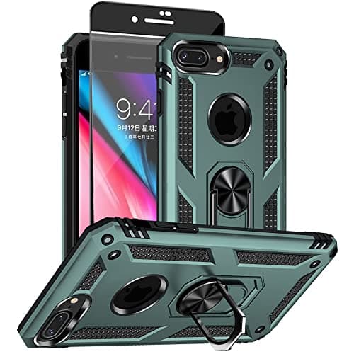 Image of Aozuoton for iphone 8 Plus Case, iphone 7 Plus Phone Case with HD Screen Protector, [Military Grade 16ft. Drop Tested] Ring Shockproof Protective Phone Case for iphone 8/7 Plus Dark Green