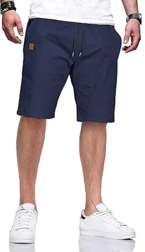 Image of HCSS Mens Casual Shorts Summer Cotton Chino Sports Shorts with Elastic Drawstring Waistband(Blue-XL)