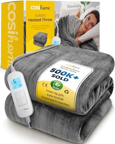 Image of Cosi Home® Luxury Heated Throw - Electric Blanket - Extra Large Heated Blanket, Machine Washable Fleece with Digital Remote, 10hr Timer and 10 Heat Settings (Grey)