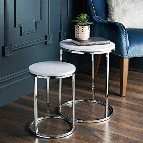 Image of spot on dealz® Nest of 2 round chrome tables metal frame with white wooden effect side end modern console nesting bedside table living room furniture