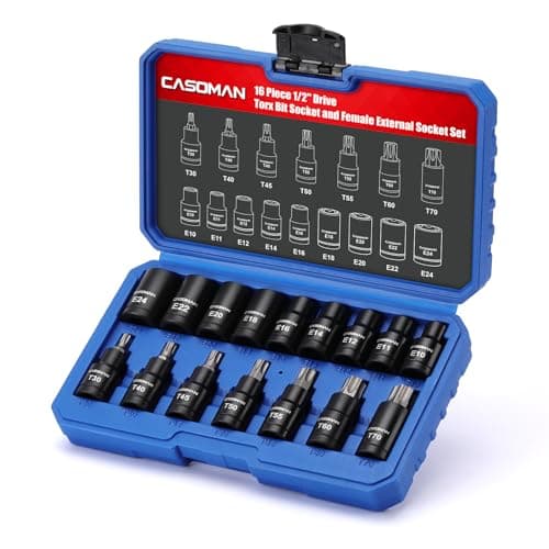Image of CASOMAN 16 PCS 1/2-Inch Drive TorxBit Set, Torx/Star: T30 T40 T45 T50 T55 T60 T70; E-Torx: E10 E11 E12 E14 E16 E18 E20 E22 E24; CR-V & S2