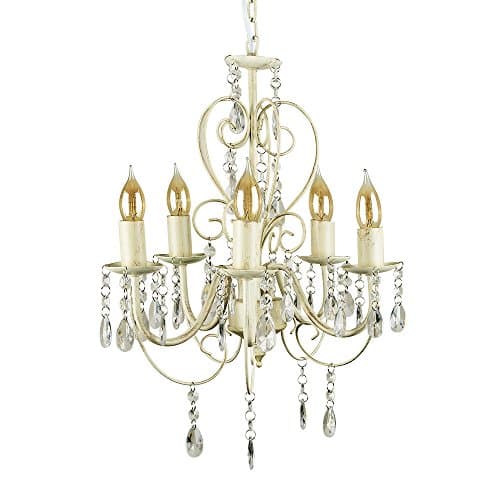 Image of MiniSun | Traditional Cream Ornate 5 Way Ceiling Light Chandelier with Acrylic Jewels - Complete with 5 x 4w LED SES E14 Frosted Glass Candle Bulbs | Ceiling Lights & Home Essential | Mains Wired