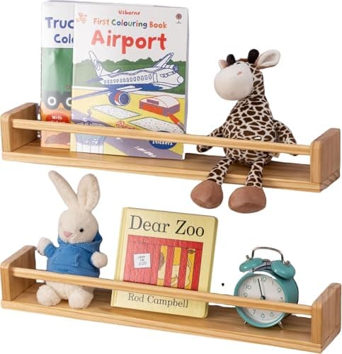 Image of Gieanoo Nursery book shelf, Set of 2 Floating Shelves Solid Natural Wood 60cm bookshelf kids room Wall Mounted baby floating book shelves Wall decor for Children's Room,Bathroom,Kitchen