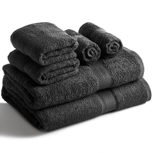 Image of SweetNeedle 6 Piece Towel Set - 2 Bath Towels, 2 Hand Towels and 2 Washcloths Cotton Daily Use Hotel Spa Quality Soft Highly Absorbent Quick Dry Light Weight (Black)