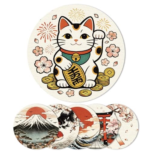 Image of ANATTASOUL Coasters Set of 6 Japanese Style Scenery Absorbent Recycled Rubber Coasters for Drinks, 3.93" Non-Slip Round Cup Mats for Kitchen, Office, Farmhouse, Home Decor Housewarming Gifts