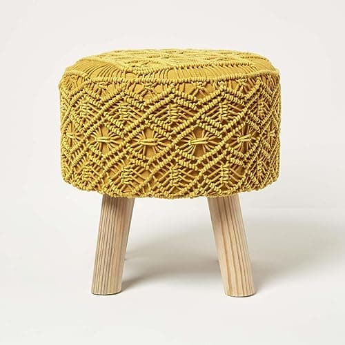 Image of HOMESCAPES Mustard Macrame Knitted Pouffe On Legs Crochet Round Footstool 100% Cotton Braided Design 43 cm Tall