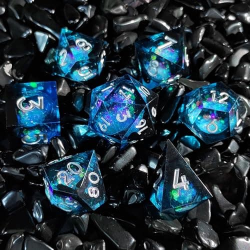Image of ORUZA 7 PCS Liquid Core DND Dice Resin Sharp Edge Dice Polyhedral D&D Dice Set for Dungeons and Dragons RPG MTG Table Games (Liquid Quicksand Black Blue)
