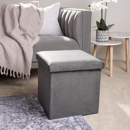 Image of OHS Cube Storage Ottoman Matt Velvet, Grey Ottomans Storage Box Living Room Bedroom Ottoman with Lid Sturdy Space Saving Organising Storage Box, Charcoal
