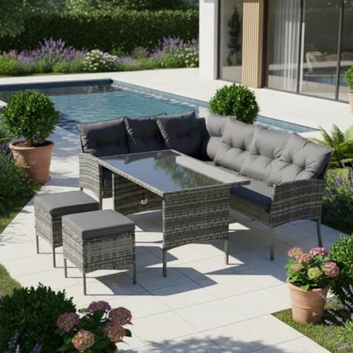Image of Merax Garden Furniture Rattan Sofa 7-seater, Corner Garden Sofa with Glass Dining Table Steel Structure, Garden Entertaining Funiture Set, Removable and Washable Cushions, Grey