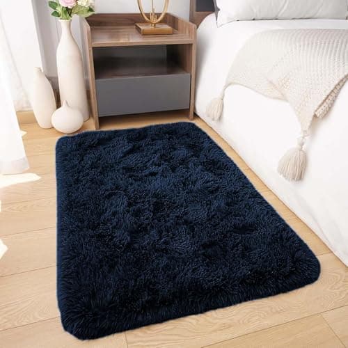 Image of BedLooms Rugs Living Room Small 50x80 cm – Navy Area Rugs for Bedroom Anti Slip – Modern Super Soft Plush Carpets Fluffy Shaggy Rug for Entryway – Non Shedding Bedside Rug for Kids Room