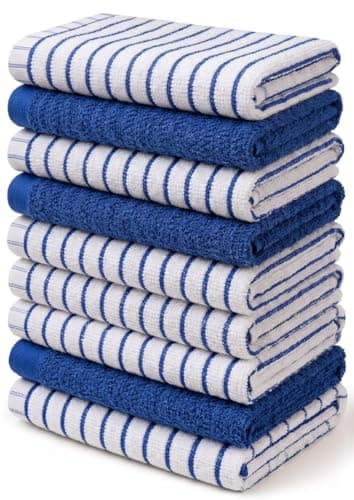 Image of Towelogy® Blue Tea Towels for Kitchen | Pack of 9 Large 60x40cm Wonderdry Cotton Terry Dish Drying Towels | Everyday Value Multi-Pack