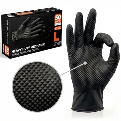 Image of The Real Touch Nitrile Gloves, 50 Count, Heavy-Duty Disposable Mechanic Gloves, Diamond Textured, Latex & Powder-Free, Non-Slip, Extra Thick, Ideal for Automotive, Industrial Tasks (Black - 50, L)