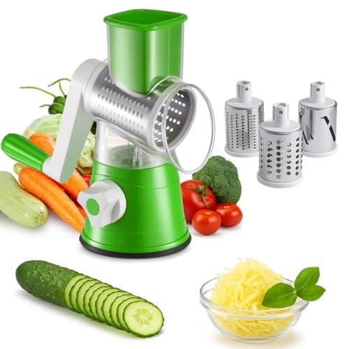 Image of CROWNSHOP Rotary Cheese Grater Handheld Vegetable Slicer with 3 Stainless Steel Drum Blades for Vegetables Cheese Carrots Nuts Green
