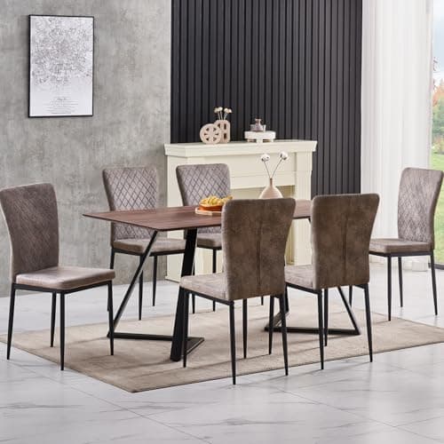 Image of JaHECOME Dining Room Sets Dining Table Set of 6 Suede Dining Chairs 150 x 85 x 74 cm Heavy Duty Metal Frame for Kitchen Living Room,Oak Table & Suede Grey Chairs