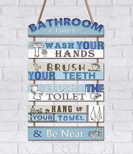Image of KAIRNE Bathroom Decorations,Blue Bathroom Rules Wooden Sign for Toilet,Wash Your Hands Brush Your Teeth Rustic Hanging Wood Plauqe