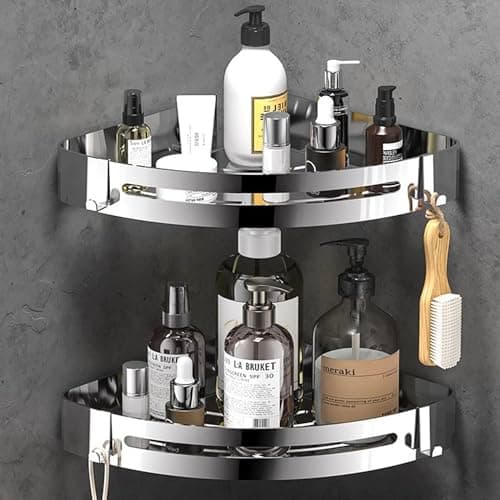 Image of RCQD Shower Caddy Corner, shower shelf no drilling with Stickers Wall Mounted Adhesive Shower Caddy 4 Movable Hooks, SUS304 Stainless Steel bathroom shelf Shower Organizers 2 Pack
