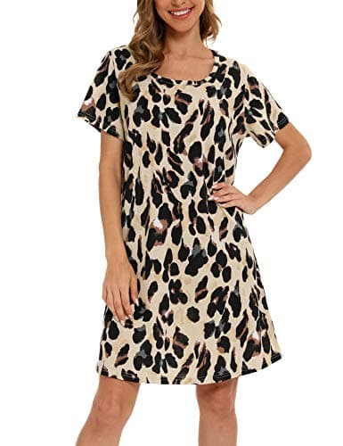 Image of ENJOYNIGHT Nighties for Women Cotton Nightdress Sleep Tee Short Sleeves Print Nightshirt Soft Sleepwear Loungewear (Medium,Light Leopard)