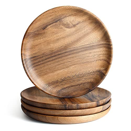 Image of AOOSY Wooden Dinner Plates,6 Inch Round Wood Plates Set of 4, Acacia Wooden Plates Round Tray Easy Cleaning Lightweight Serving Platter for Food Dessert Salad Plate Fruit Platters