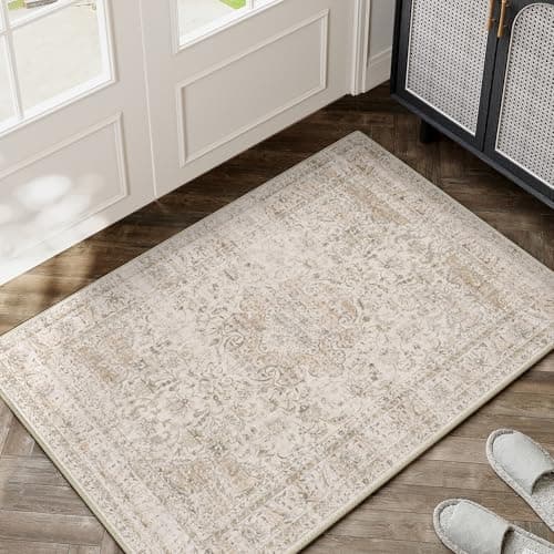 Image of HUGEAR Vintage Door Mat Beige Small Area Rug 60x90cm Non Slip Washable Rugs Lounge Doormat Bedside Office Outdoor Bedroom Kitchen Indoor Carpet Low Pile Carpets