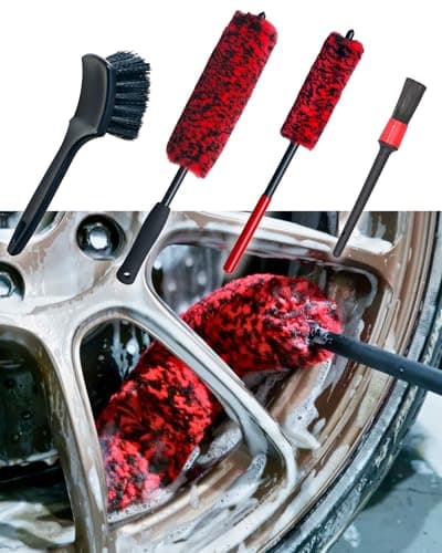 Image of Professional 4 Pack Long Handle Wheel Brush Kit for Cleaning Wheel and Tire- 2X Soft Wheel Woolies Cleaning Brush, Detailing Brush and Stiff Tire Brush, Bendable& Durable Wheel Rim Cleaner Brush Set