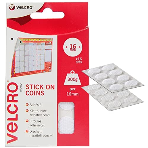 Image of VELCRO Brand Stick On Coins Double Sided Hook & Loop Self Adhesive Sticky Coins Perfect for Room Décor & Home, Office, Garage Use White 16mm x 16mm Set of 16