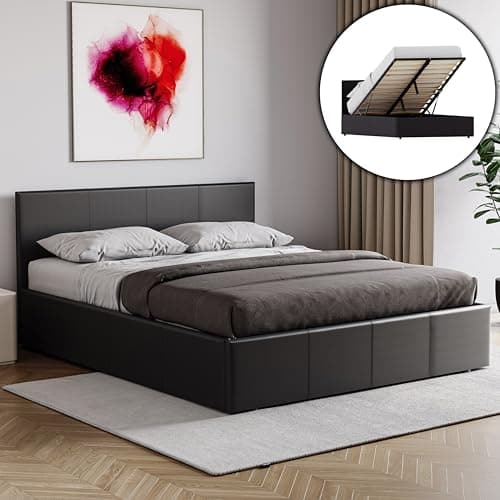 Image of Vida Designs Lisbon King Size Bed, 5Ft Ottoman Bed Frame Upholstered Faux Leather Headboard Low Foot End Bedroom Furniture, Black (UKFR Certified)